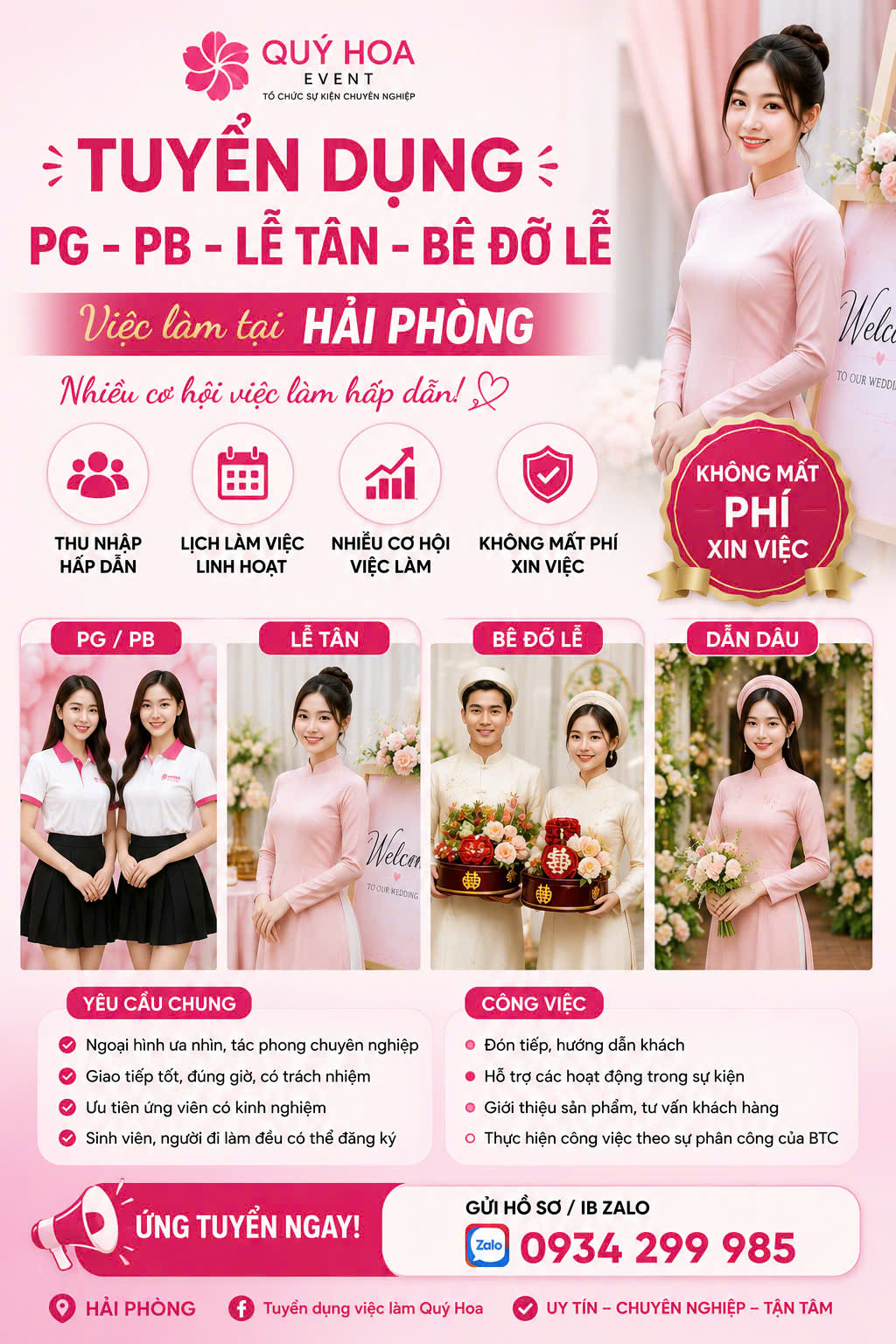 🌸 TUYỂN DỤNG PG – PB – LỄ TÂN – BÊ ĐỠ LỄ TẠI HẢI PHÒNG | QUÝ HOA EVENT